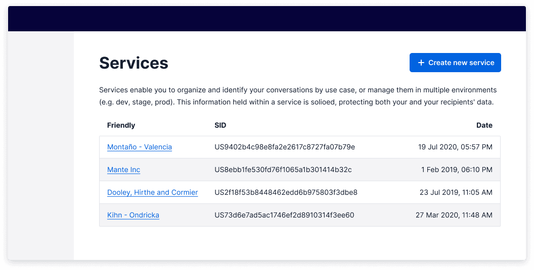 table with a primary create new action button